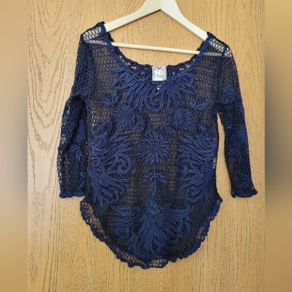 Yoana Baraschi navy blue see-through lace fishnet embroidered 3/4 sleeve top S